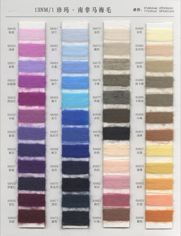 Fancy Yarn Colour Card, 13nm/1 Low Ratio Mohair Colour Card, 6% Mohair 11% Lana 38% Acr&iacute;lico 45% Nylon Blend Yarn Colour Card, 13nm/1 Jemima South African Mohair Colour Card