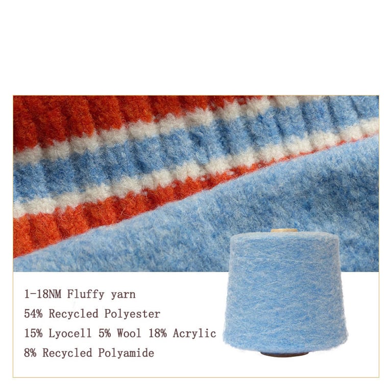 1-18NM Fluffy yarn, 54% Recycled Polyester15% Lyocel1 5% Wool 18% Acrylic8%, Recycled Polyamide