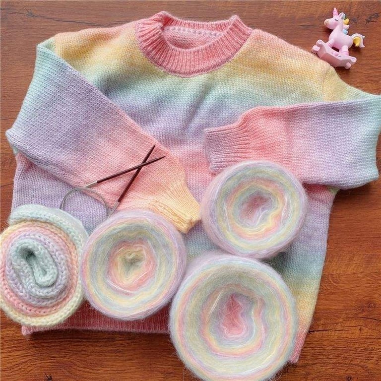 Mohair Yarn Knitting Yarn, Fancy Fluffy Wool Knitting Yarn, Wool Gradient Rainbow Knitting Yarn, 8% Wool, 54% Acrylic, 9% Nylon, 29% Polyester Knitting Yarn
